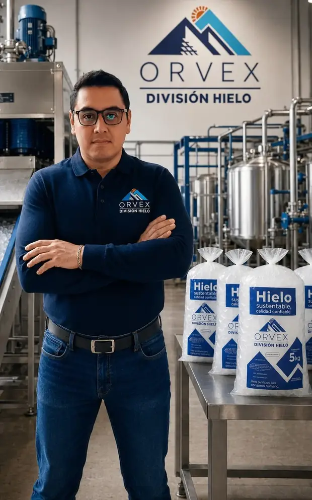 Equipo de ORVEX Hielo junto al producto terminado
